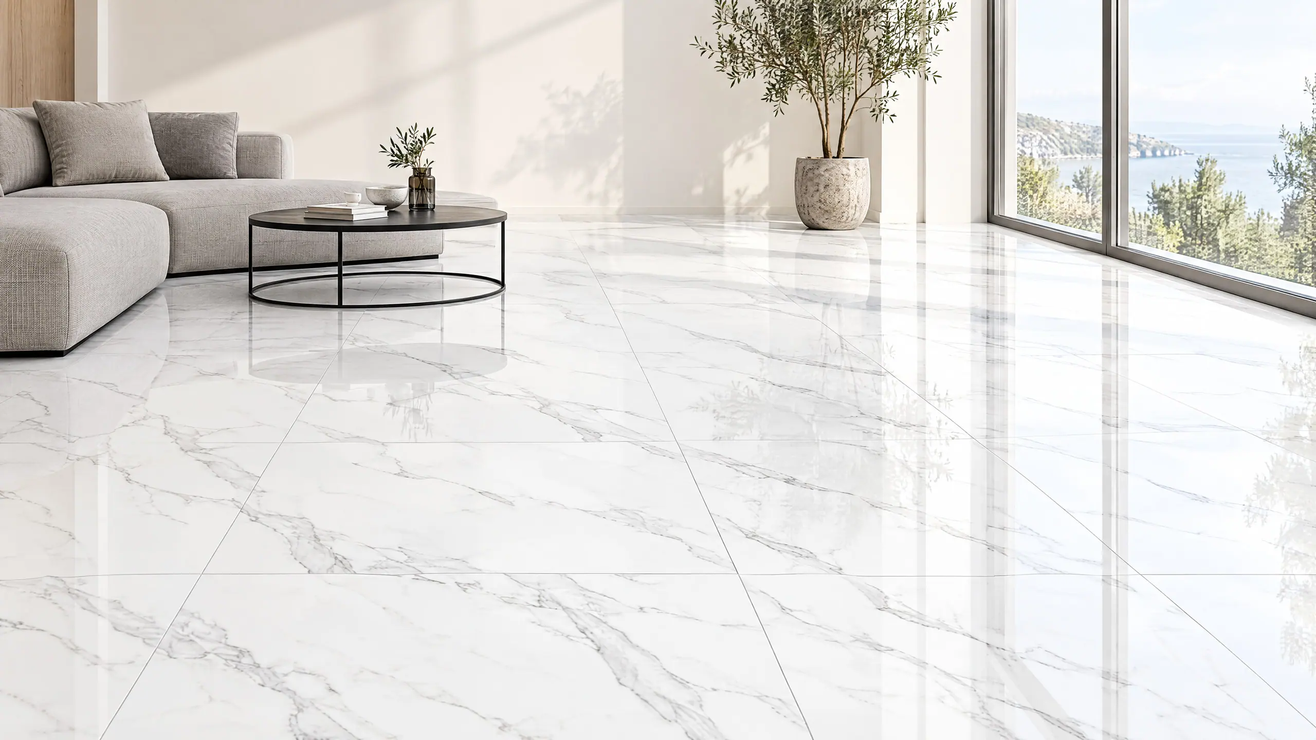 Sala con piso de porcelanato Carrara Polaris